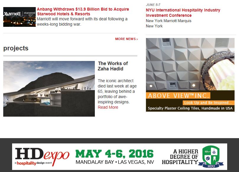 Hospitality Design, HD Now Newsletter, April 11, 2016
